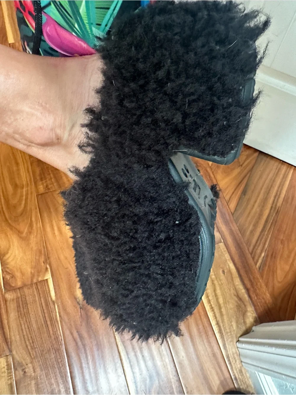 Black fluffy faux fur platform crocs 7
